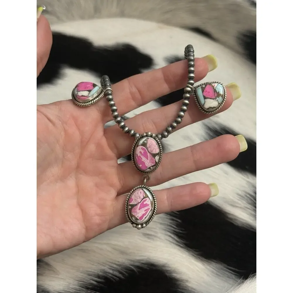 Native American 4mm Navajo Pearl Sterling Silver Cotton Candy Turquoise Necklace